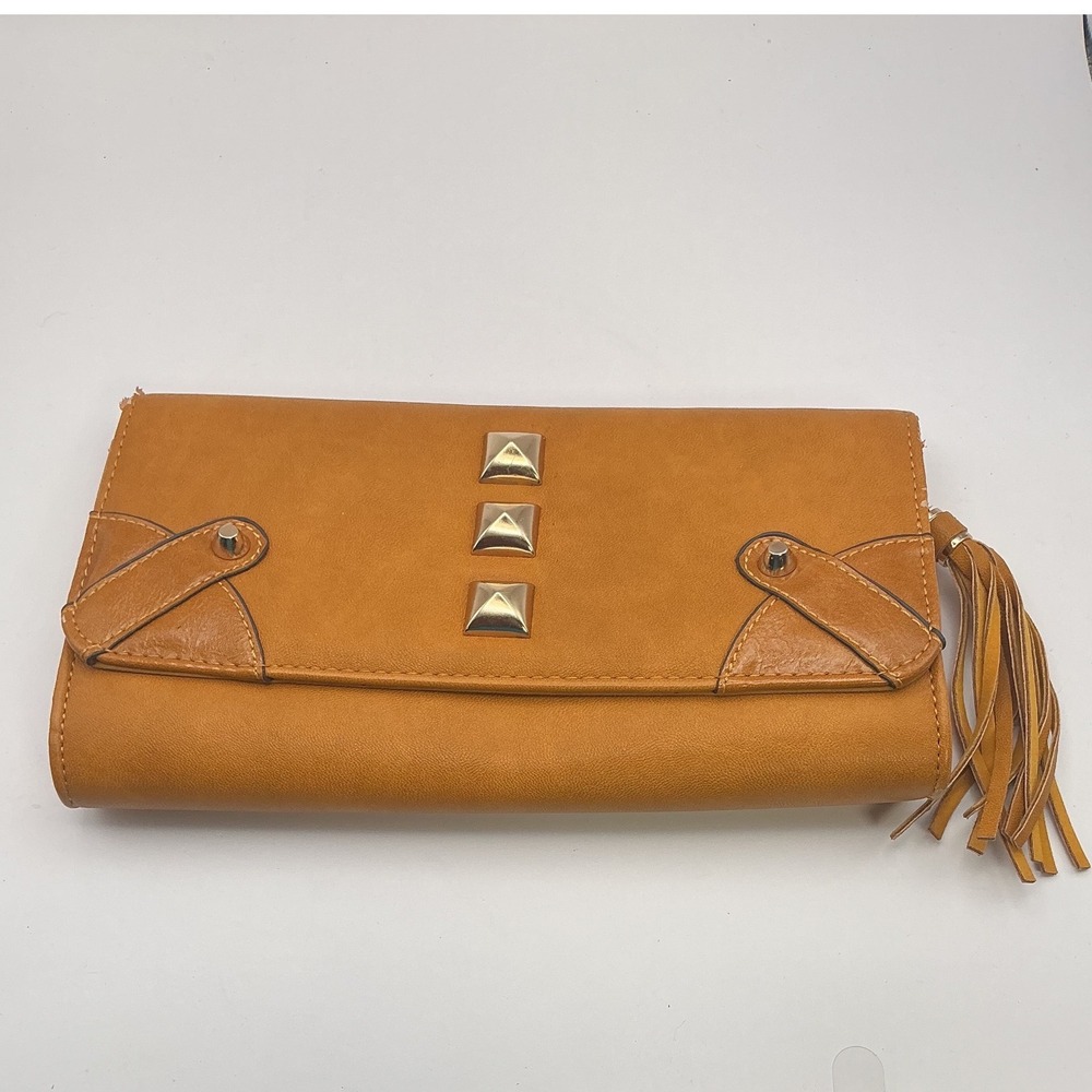 Melie Bianco Tan Vegan Leather Studded Envelope Clutch Bag with Tassel Gold Tone